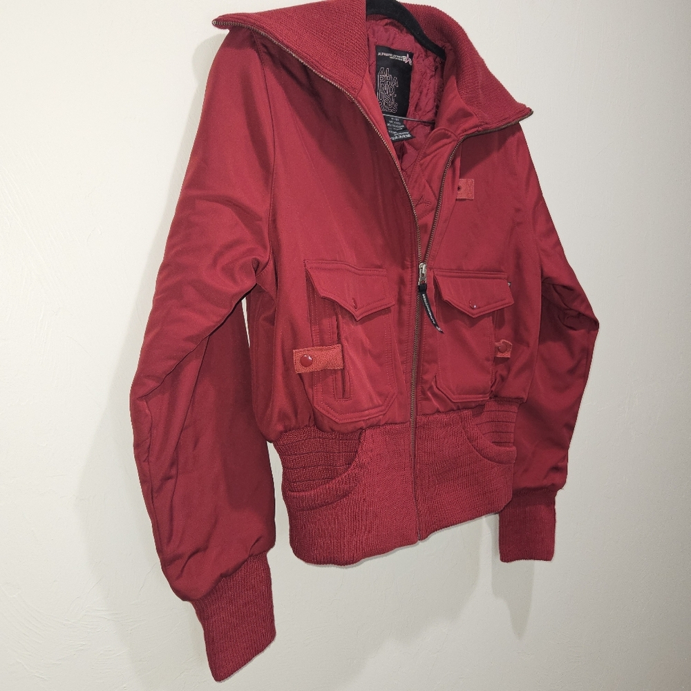 Alpha Industries Coat Jacket Maroon Red Women Large Outerwear Winter Mid Crop - Picture 4 of 14